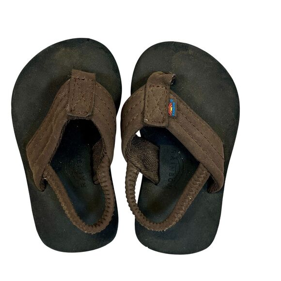 Rainbow Growbows Baby Unisex Size 5/6 Brown Leather Sling Back Flip Flops Classi - Picture 1 of 7